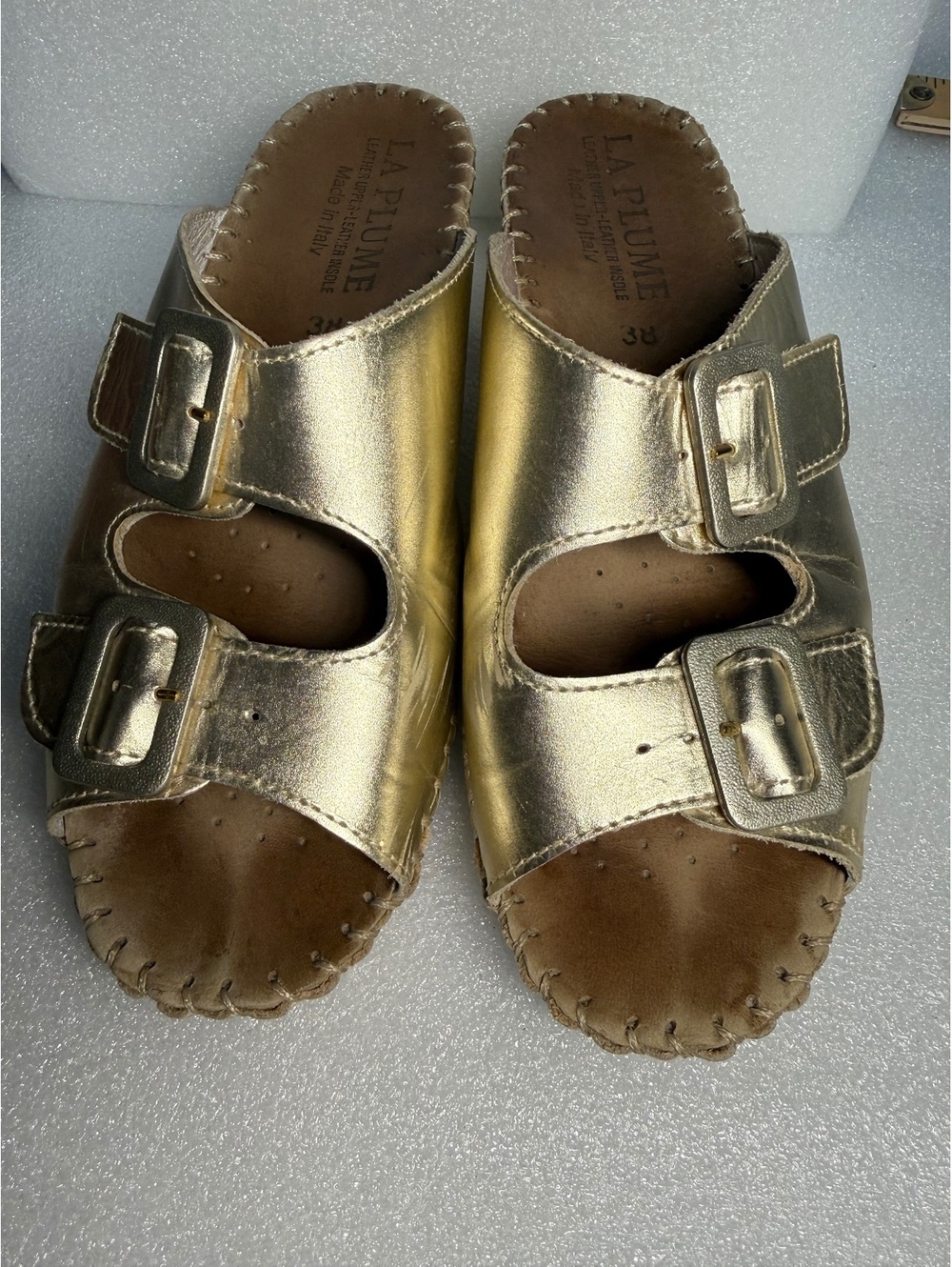 La Plume Made in Italy Metallic Gold Leather Wedge Shoes Size EU 38 US 7.5-8
